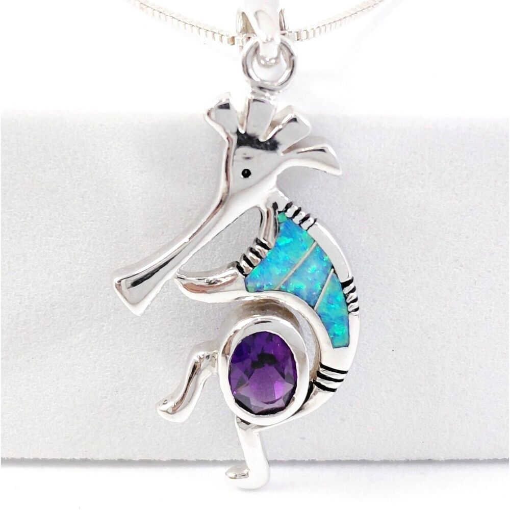 Kokopelli Pendant Sterling Amethyst & Blue fire Opal Inlay Necklace signed AK
